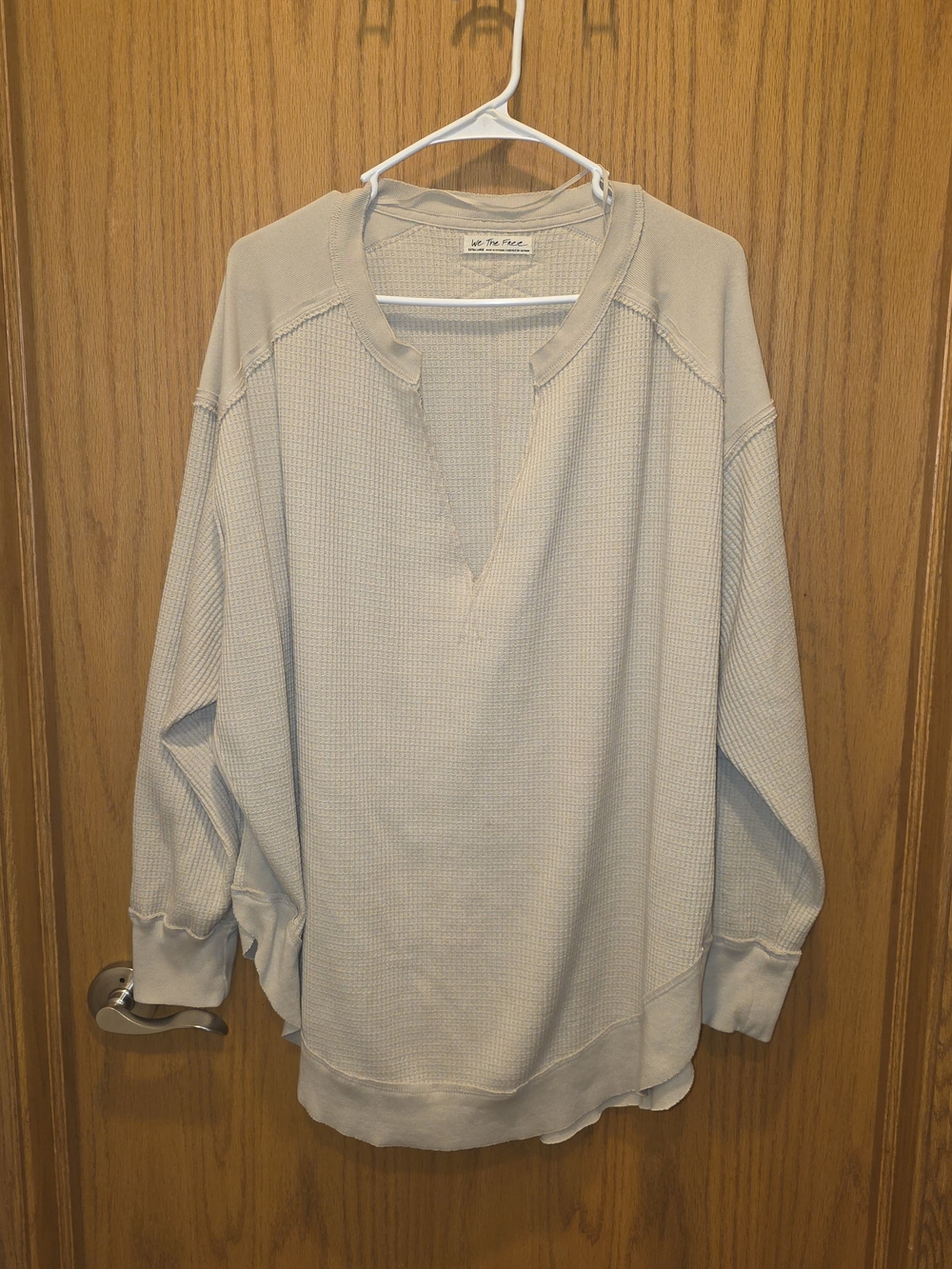 Free People Cream Waffle Tunic Pullover With Split V Neck